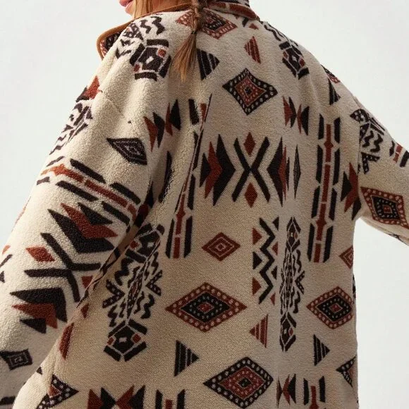 Multicolor Casual Women's Geometric Print Reversible Fleece Jacket - Picture 4 of 8